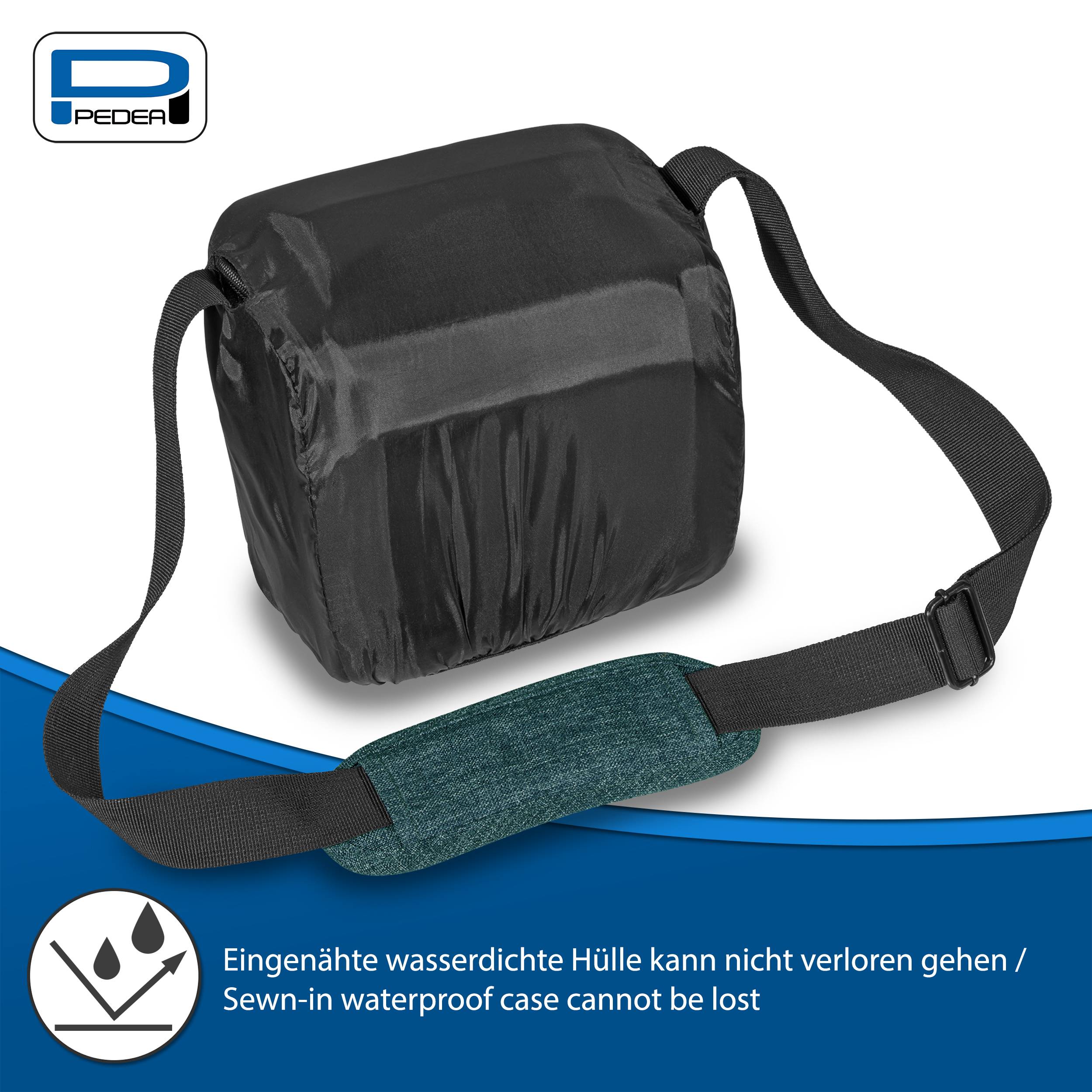 Schwarze tragbare Tasche mit Schultergurt und eingenähtem wasserdichtem Etui; Produktbild mit PEDEA-Logo und zweisprachigem Text: „Das eingenähte wasserdichte Etui kann nicht verloren gehen".