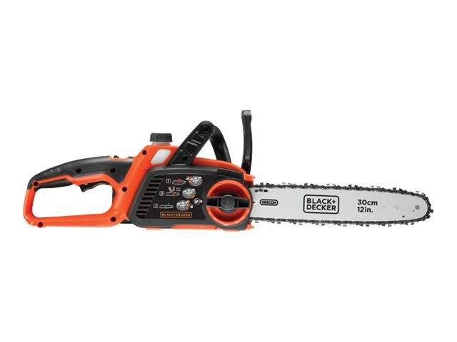 Black+Decker Elektrokettensäge mit orange-schwarzem Gehäuse und 30 cm (12 Zoll) Schwert auf weißem Hintergrund