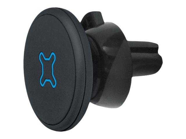 Schwarze magnetische Handyhalterung für Lüftungsschlitze mit rundem Pad und blauem X-förmigem Logo.