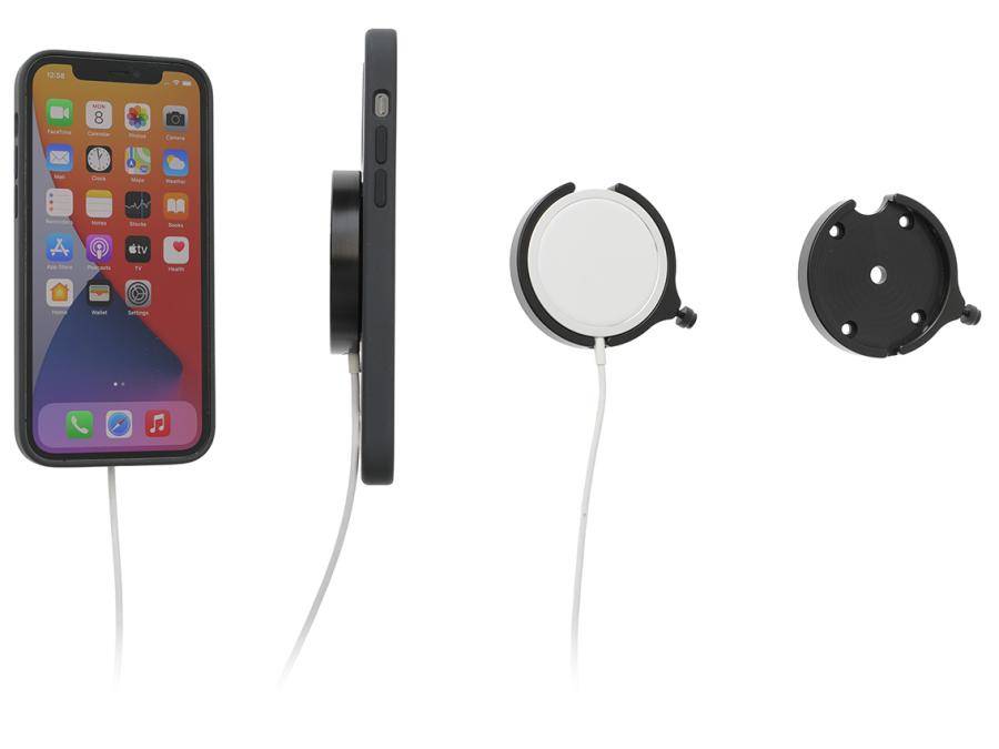 Drahtloses Ladegerät mit Kabel, gezeigt montiert hinter einem iPhone in einer Hülle, plus eine runde selbstklebende Montageplatte/Rückplatte für die Installation.