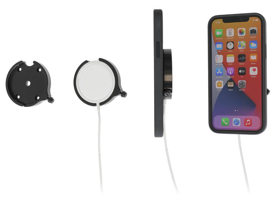 Seitenansicht eines Produktbildes einer magnetischen Handyhalterung mit selbstklebender Rückseite und angebrachtem Kabel, das ein iPhone auf weißem Hintergrund hält.