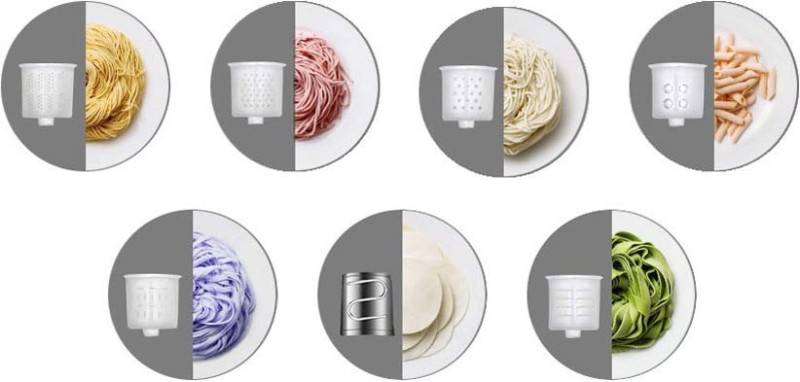 Küchenanbau-Werkzeuge für verschiedene Pasta-Kreationen: Spaghetti, Tagliatelle, Spiralen und Blätter. Links: Pasta-Beispiele; rechts: Werkzeuge.