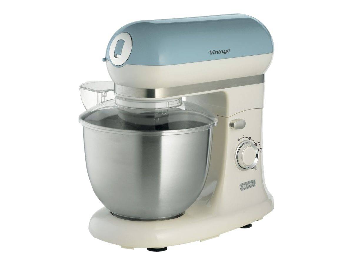 Ein Standmixer in Creme und Blau mit einer Edelstahlschüssel und Knethaken-Aufsatz, gezeigt auf weißem Hintergrund.