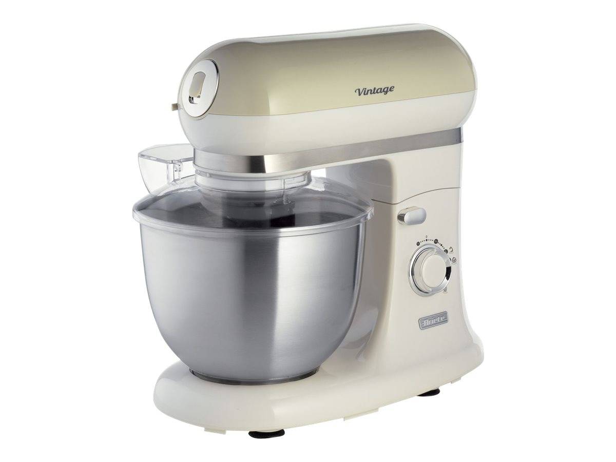 Cremefarbener Standmixer mit Edelstahlschüssel und durchsichtiger Spritzschutzhaube, dargestellt vor weißem Hintergrund.