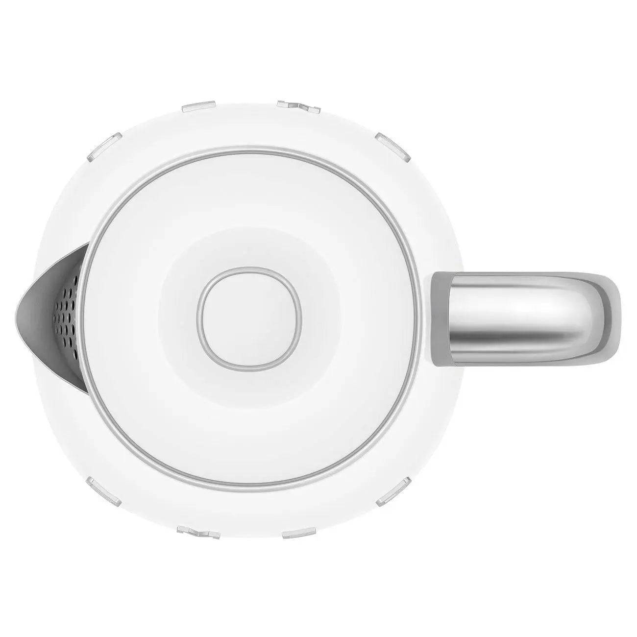 Draufsicht auf einen weißen Deckel eines elektrischen Wasserkochers mit Griff und Ausguss.