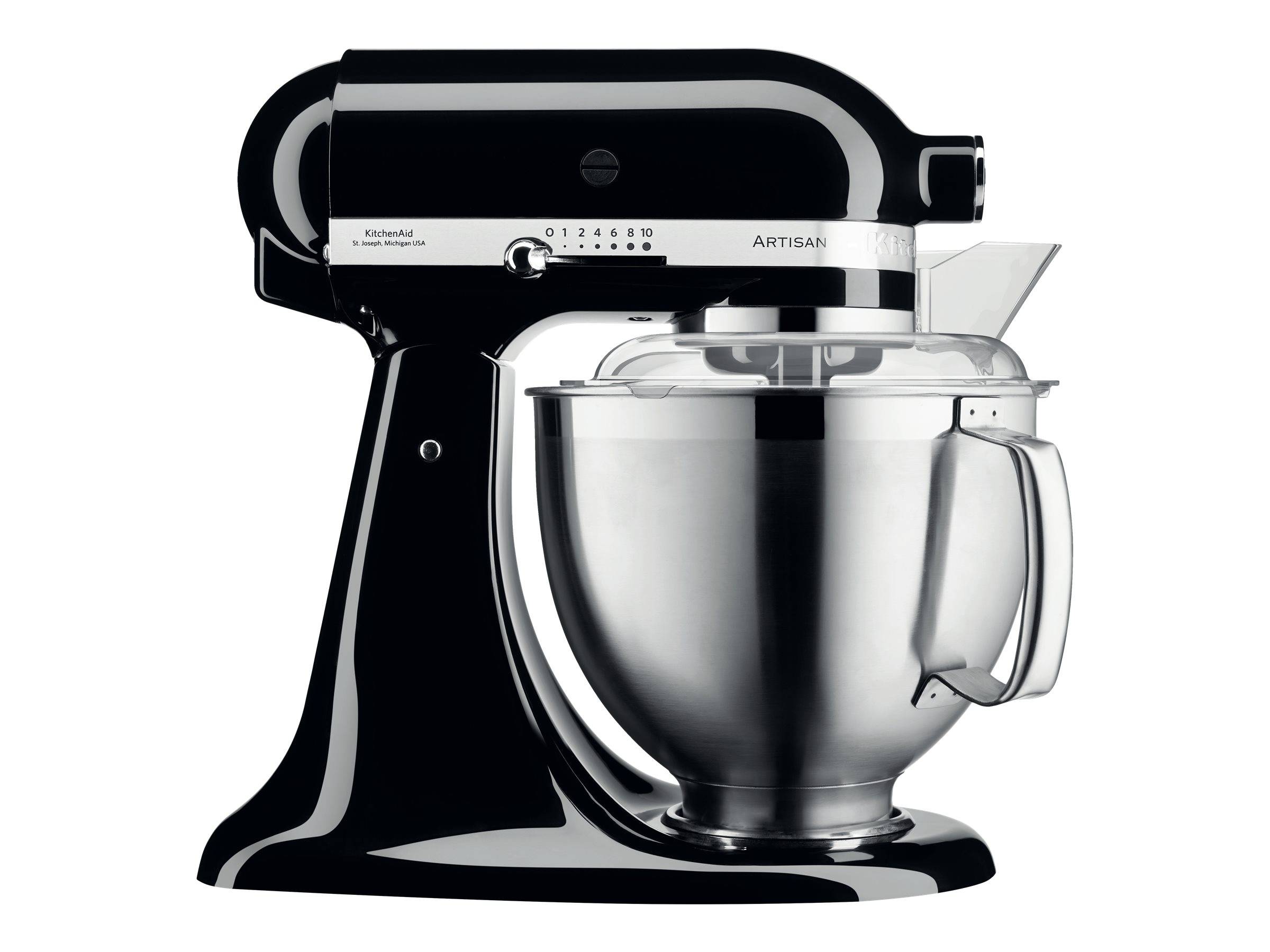 Schwarze KitchenAid Artisan Küchenmaschine mit Edelstahlschüssel und transparentem Spritzschutz auf weißem Hintergrund.