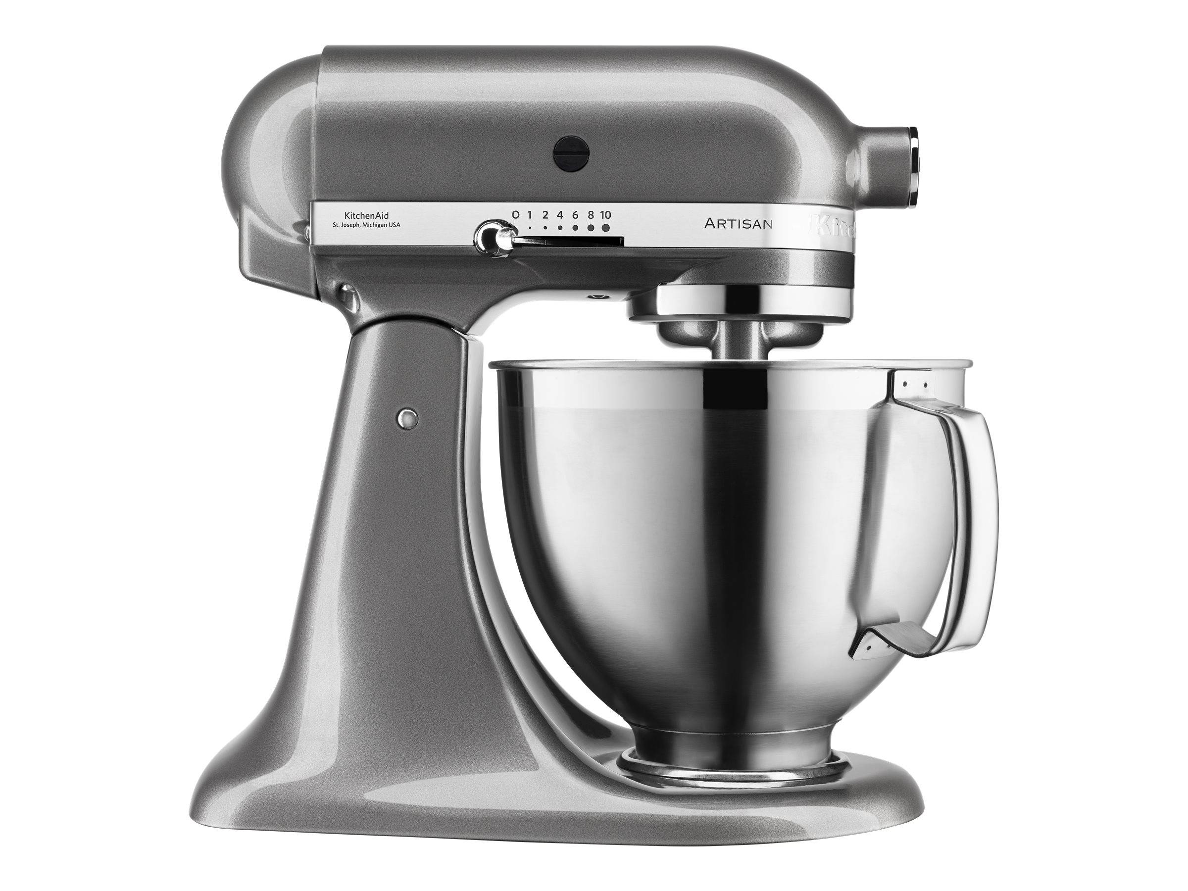 Ein Standmixer aus Metall mit einer Edelstahlrührschüssel, ausgestattet mit mehreren Geschwindigkeitseinstellungen und einem klassischen Design.