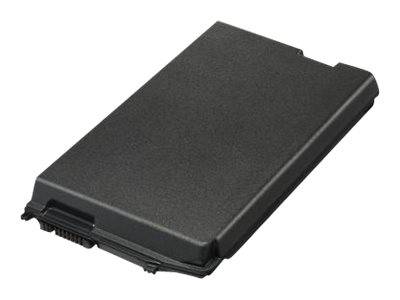 Schwarze rechteckige Laptop-Batterie auf weißem Hintergrund dargestellt.