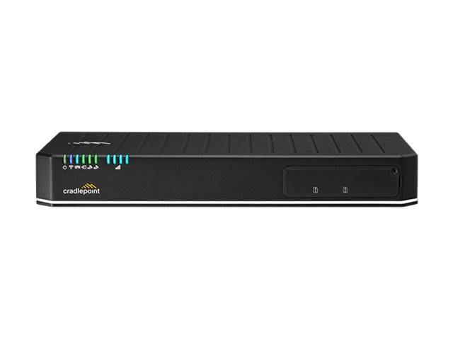 Schwarzer Cradlepoint-Netzwerk-Router auf weißem Hintergrund mit vorderen Statusleuchten und Logo.