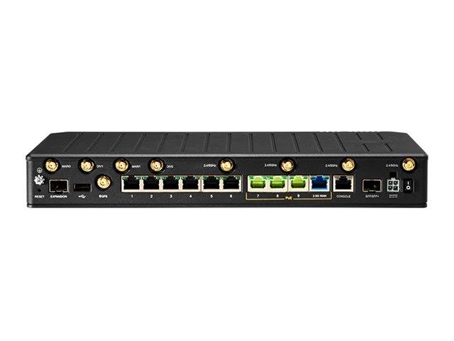 Rückseite eines Netzwerk-Routers oder Gateways mit mehreren Ethernet-Anschlüssen, Antennenverbindungen, USB-Anschlüssen und Stromeingabe auf einem schwarzen Gerät.