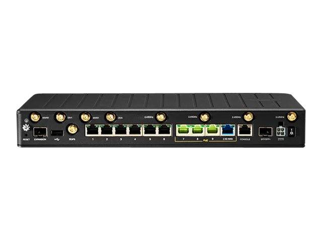 Rückansicht eines Netzwerk-Routers oder Switches mit mehreren Ethernet-, Glasfaser- und Konsolenports sowie Statusschaltflächen auf der Frontplatte.