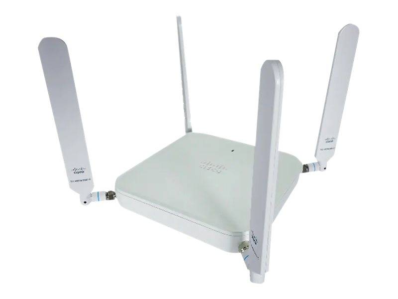 Weißer kabelloser Router mit vier externen Antennen auf einem einfachen weißen Hintergrund.
