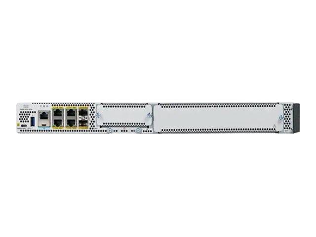Rückansicht eines Netzwerk-Appliances-/Server-Chassis mit mehreren Ethernet-Anschlüssen, Konsolenports und leeren Erweiterungsschächten auf einem Rack-Mount-Gerät.
