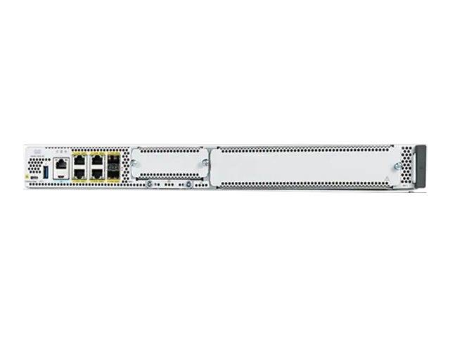 Rückansicht eines Rack-Mount-Netzwerkgeräts mit Stromversorgung und vier Ethernet-Anschlüssen auf der linken Seite und zwei großen leeren Modularschächten auf der rechten Seite.