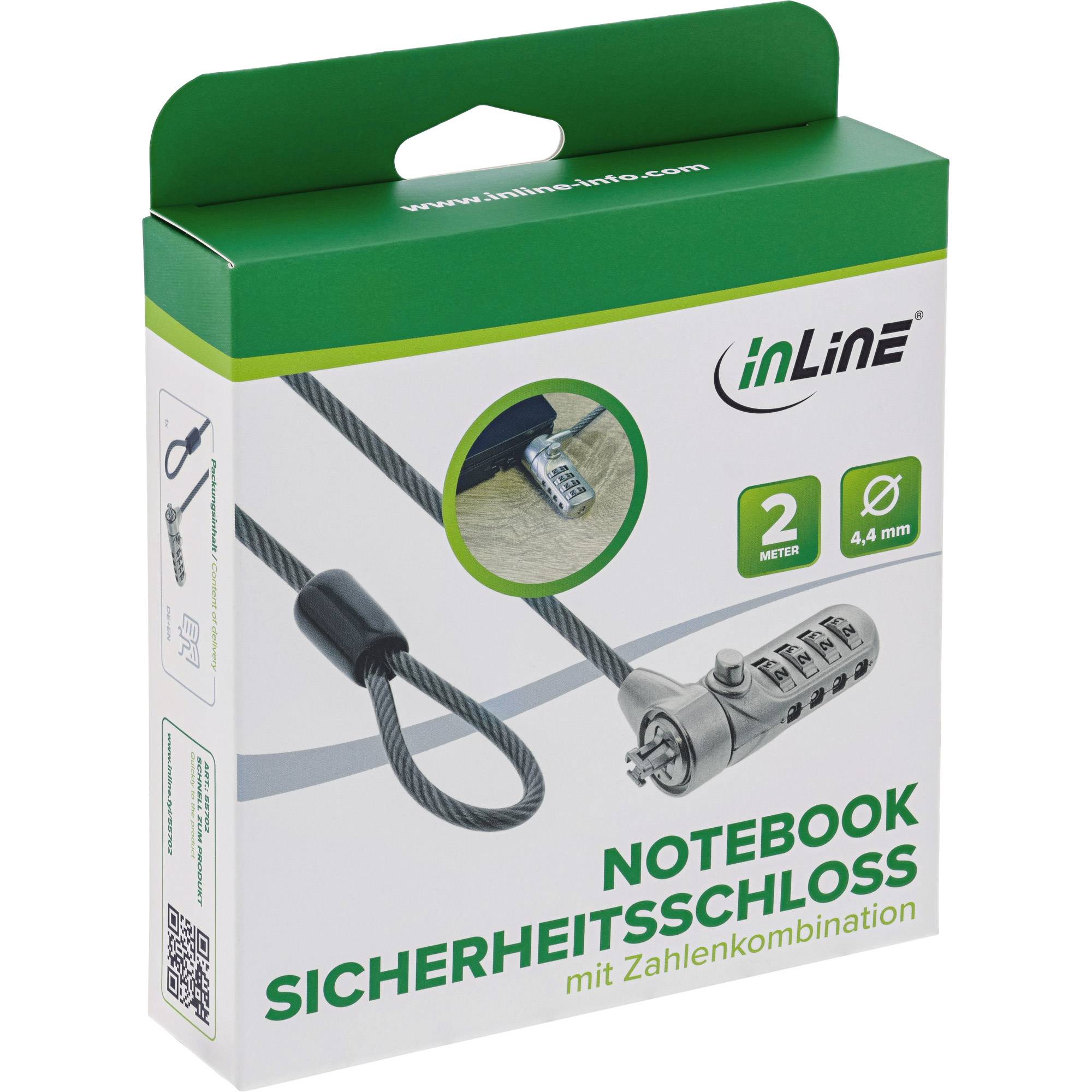 Produktbox für ein inLine-Notebook-Sicherheitskabelschloss mit 4-stelligem Code, 2-Meter-Kabel und 4,4 mm Durchmesser.