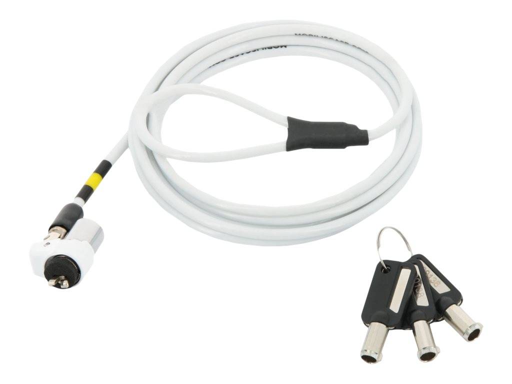Aufgewickeltes weißes Kabel mit einem Stecker und angebrachtem schwarzem Schlüsselring mit drei Metallschlüsseln.