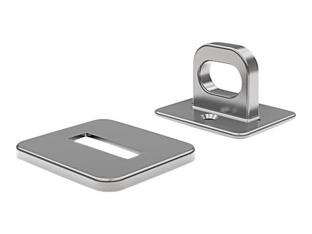 Zweiteiliges silbernes Metallmontagezubehör: eine flache rechteckige Grundplatte mit Schlitz und eine entsprechende aufrechte Schleifenhalterung mit Befestigungsloch.