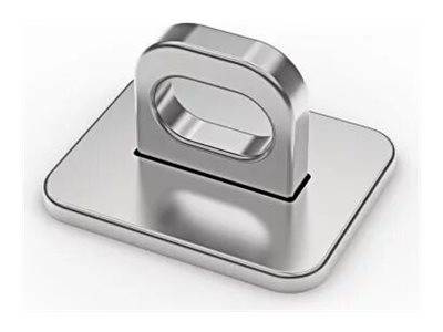 Eine silberfarbene Metallklebebefestigungslasche mit einer ovalen Ringschlaufe auf einer abgerundeten rechteckigen Basis, dargestellt auf weißem Hintergrund.