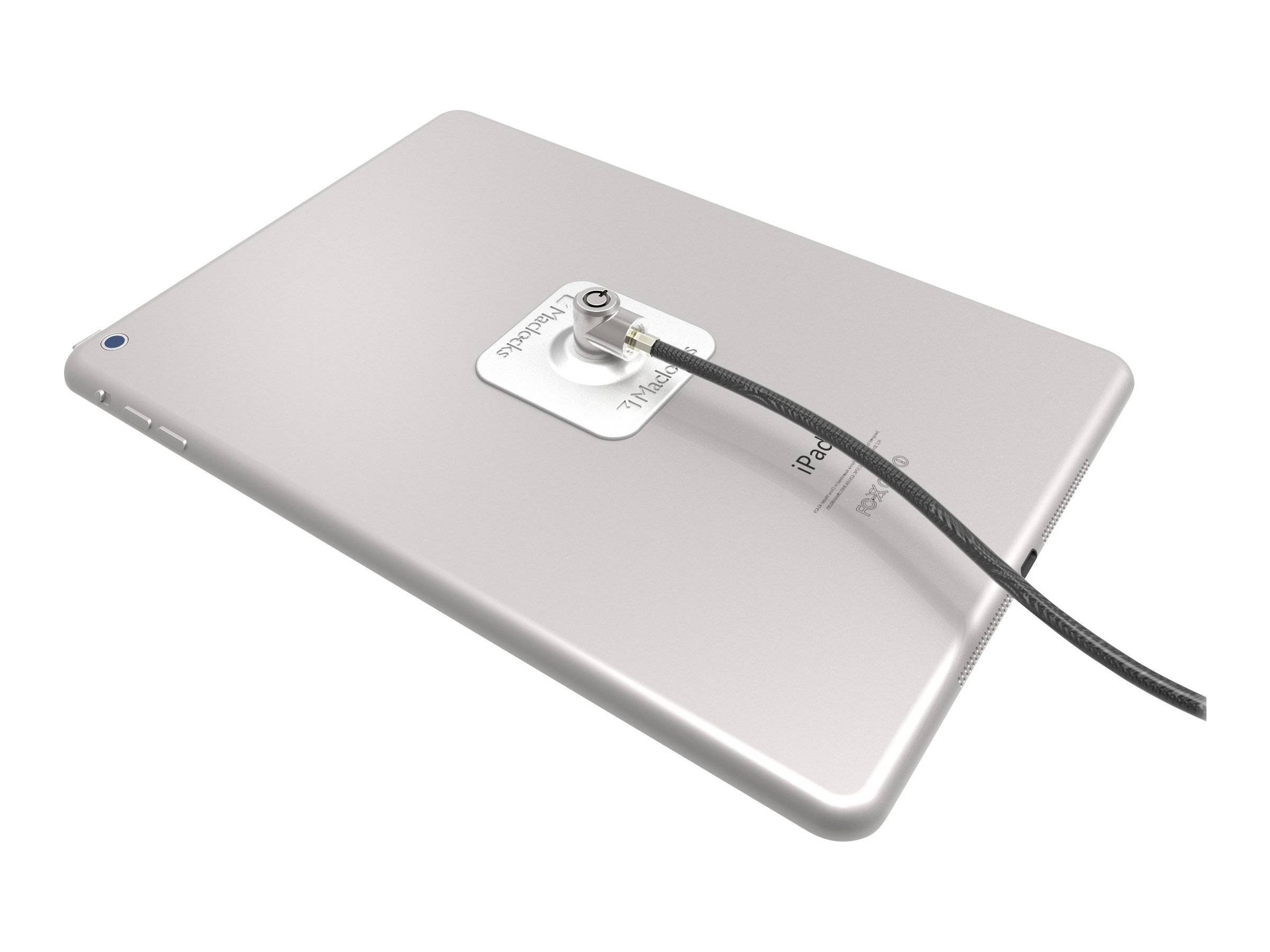 Rückseite eines silbernen iPad-Tablets mit einem Kabel, das in den zentralen Anschlusspunkt eingesteckt ist.