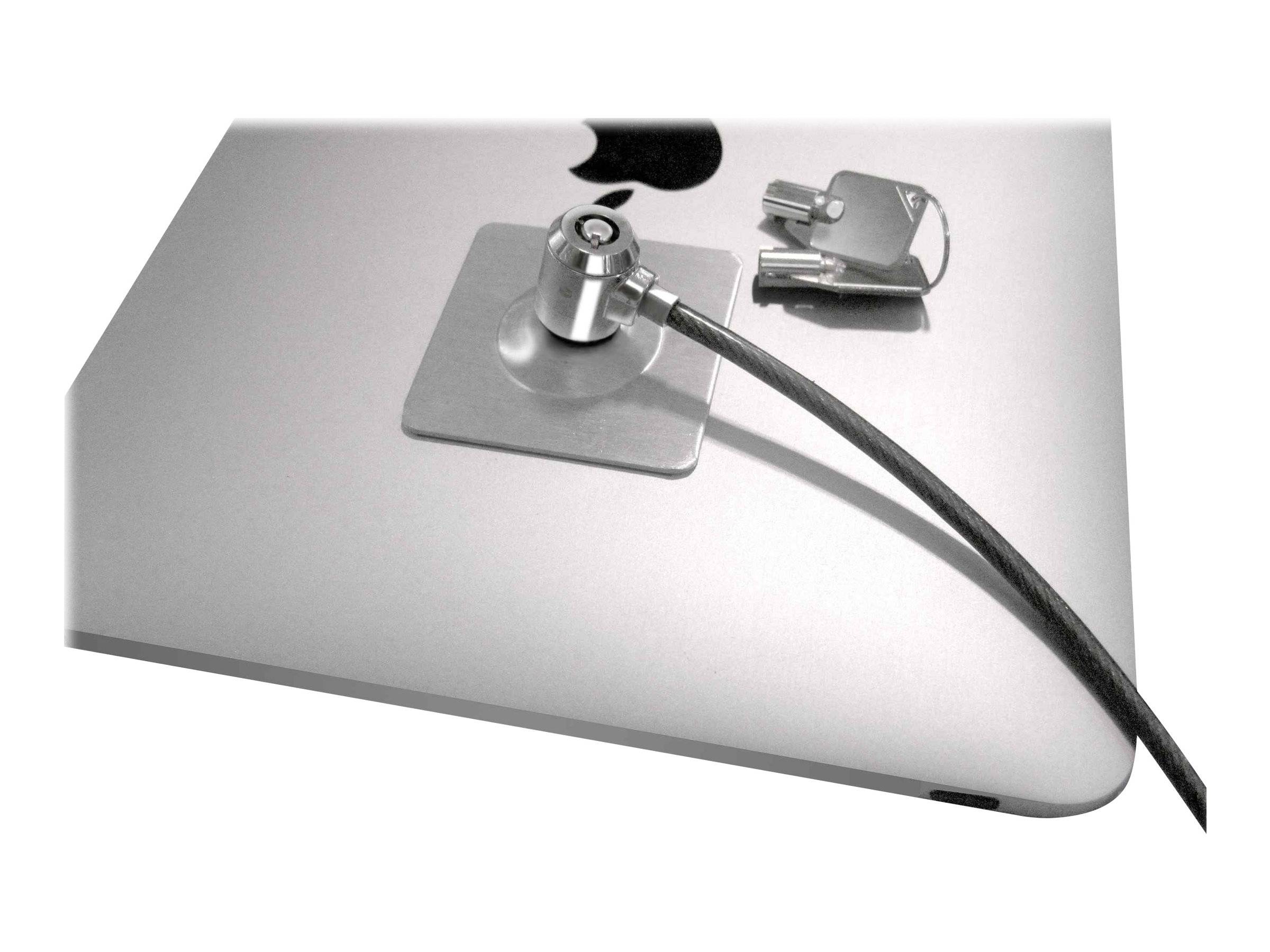Nahaufnahme eines Laptops, der mit einem Sicherheitskabel und einem Vorhängeschloss an seiner Seite gesichert ist.