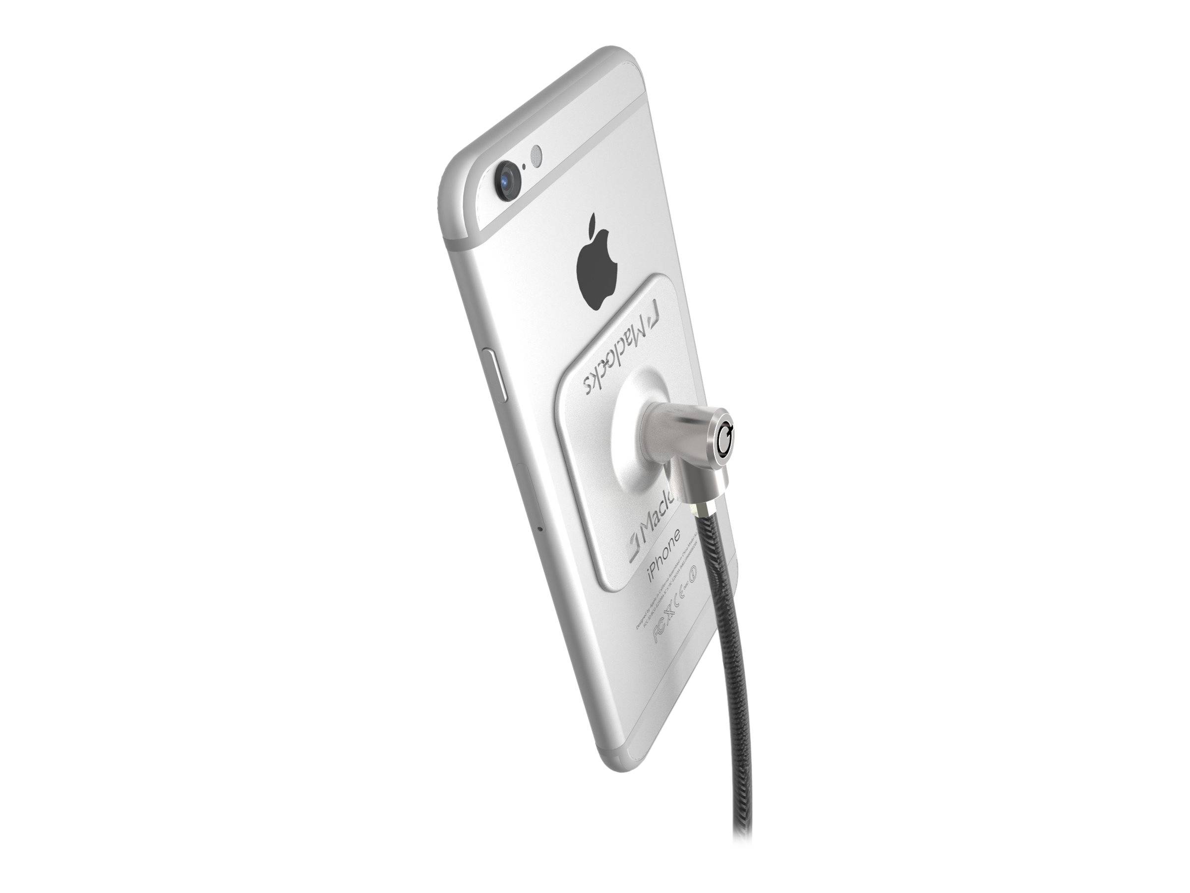 Ein iPhone in Profilansicht mit einer Sicherheitsschlaufe und einem Kabel, das auf der Rückseite angebracht ist.