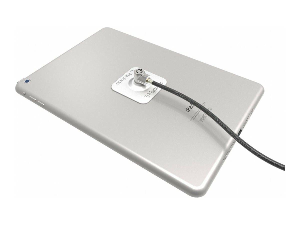 Rückansicht eines silbernen Tablets mit einem Kabel, das in die Mitte der Rückseite eingesteckt ist, das eine Lade- oder Datenverbindung zeigt.