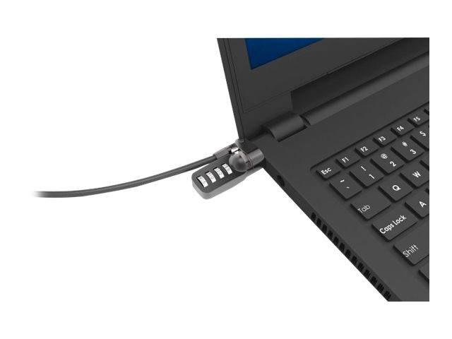 Laptop mit einem Sicherheitsschloss-Kabel an der Seite befestigt, das das Gerät sichert.