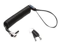 Schwarz gewundenes Telefonhörer-Kabel mit Modulstecker und Zweipoliger Adapter auf weißem Hintergrund.