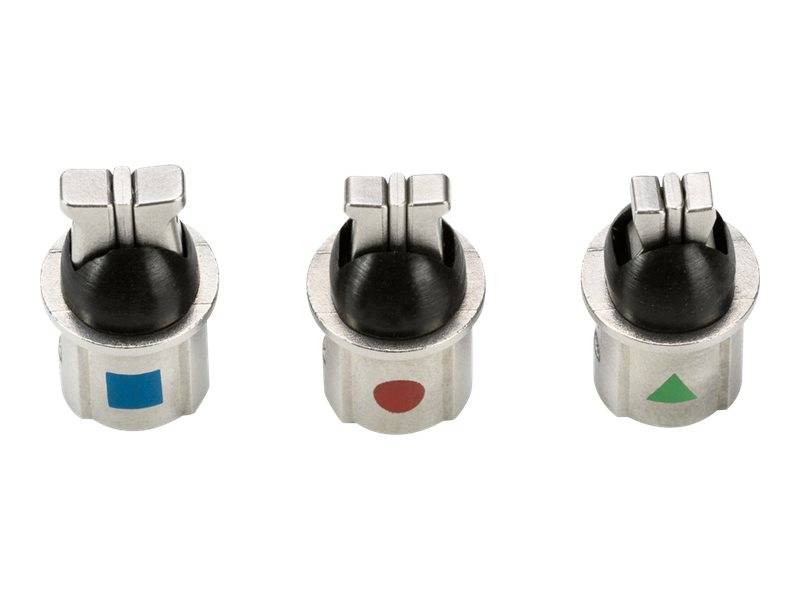 Drei kleine Metallkomponenten mit schwarzen Oberteilen, jeweils gekennzeichnet mit einer farbigen Form: blaues Quadrat, roter Kreis und grünes Dreieck.