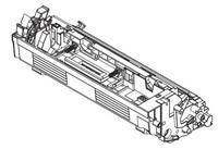 Technische Linienzeichnung einer langen rechteckigen mechanischen Baugruppe oder Maschinenkassette, die in Perspektive dargestellt ist, mit freiliegenden internen Komponenten.