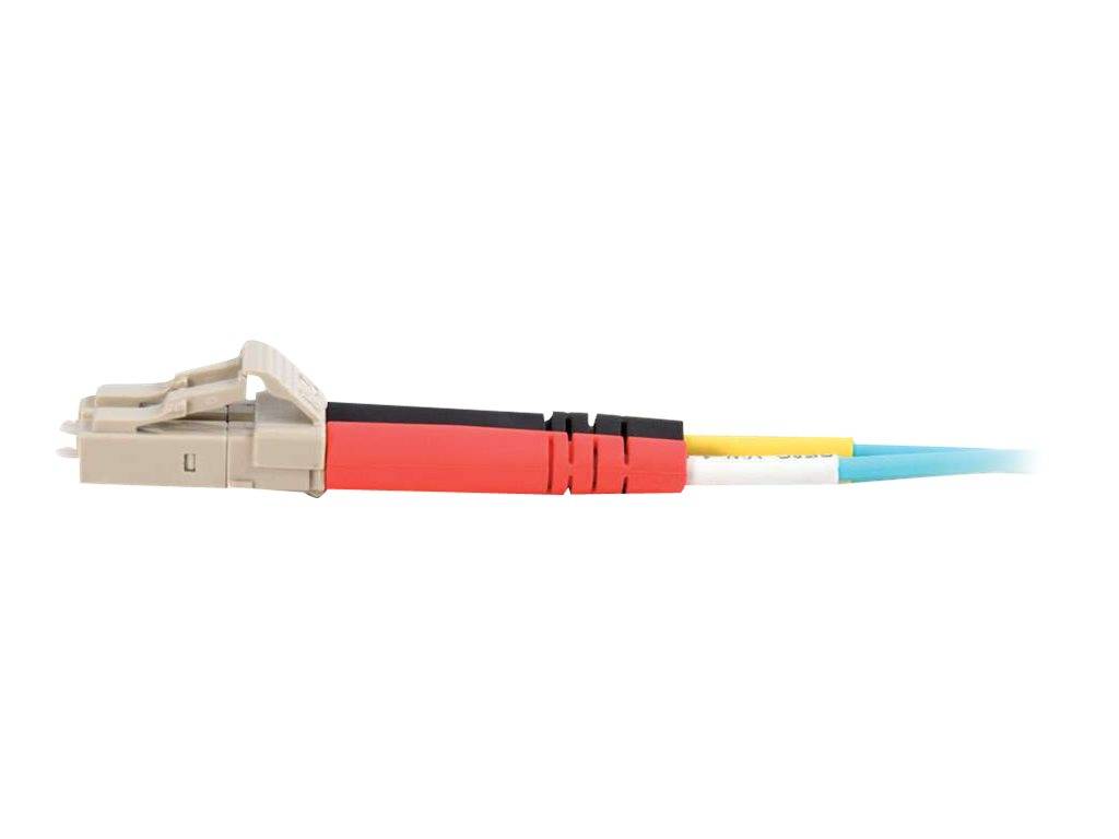 Lichtwellenleiterstecker mit einem beigefarbenen Stecker auf der linken Seite und freigelegten roten, gelben und blauen Kabelabschnitten, die sich nach rechts erstrecken.