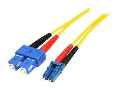 Zwei blaue Glasfaserkabelstecker mit gelben Kabeln, ein Doppelstecker und ein Einzelstecker, auf weißem Hintergrund dargestellt.