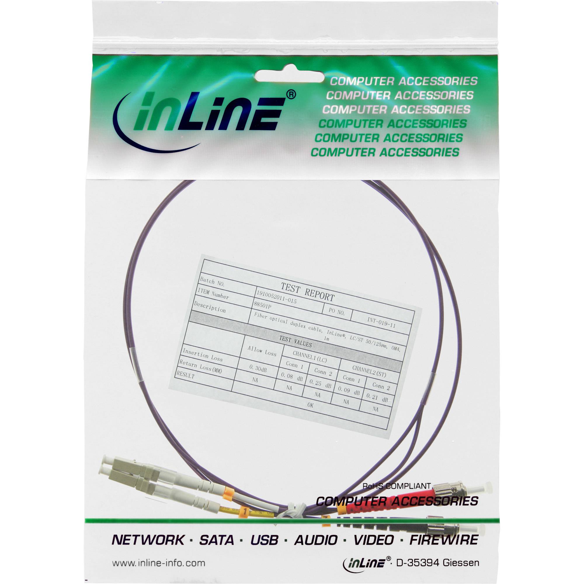 Paket mit InLine-Computerzubehörkabel, aufgewickelt und mit Testbericht gezeigt; Etiketten listen Netzwerk, SATA, USB, Audio, Video und FireWire auf.