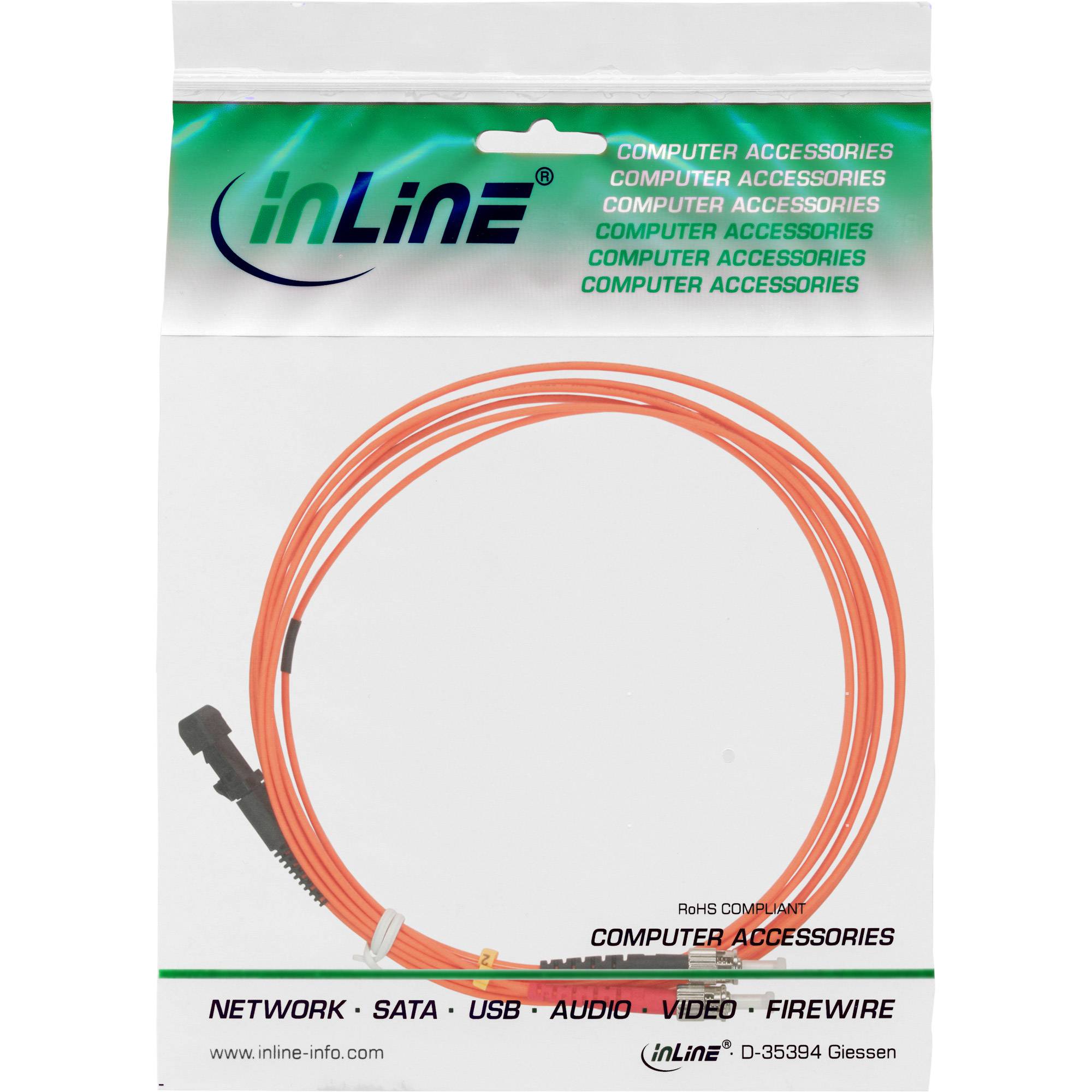 Paket mit orangefarbenem Datenkabel der Marke „inLine" Computerzubehör mit aufgelisteten Netzwerk-, SATA-, USB-, Audio-, Video- und Firewire-Optionen.