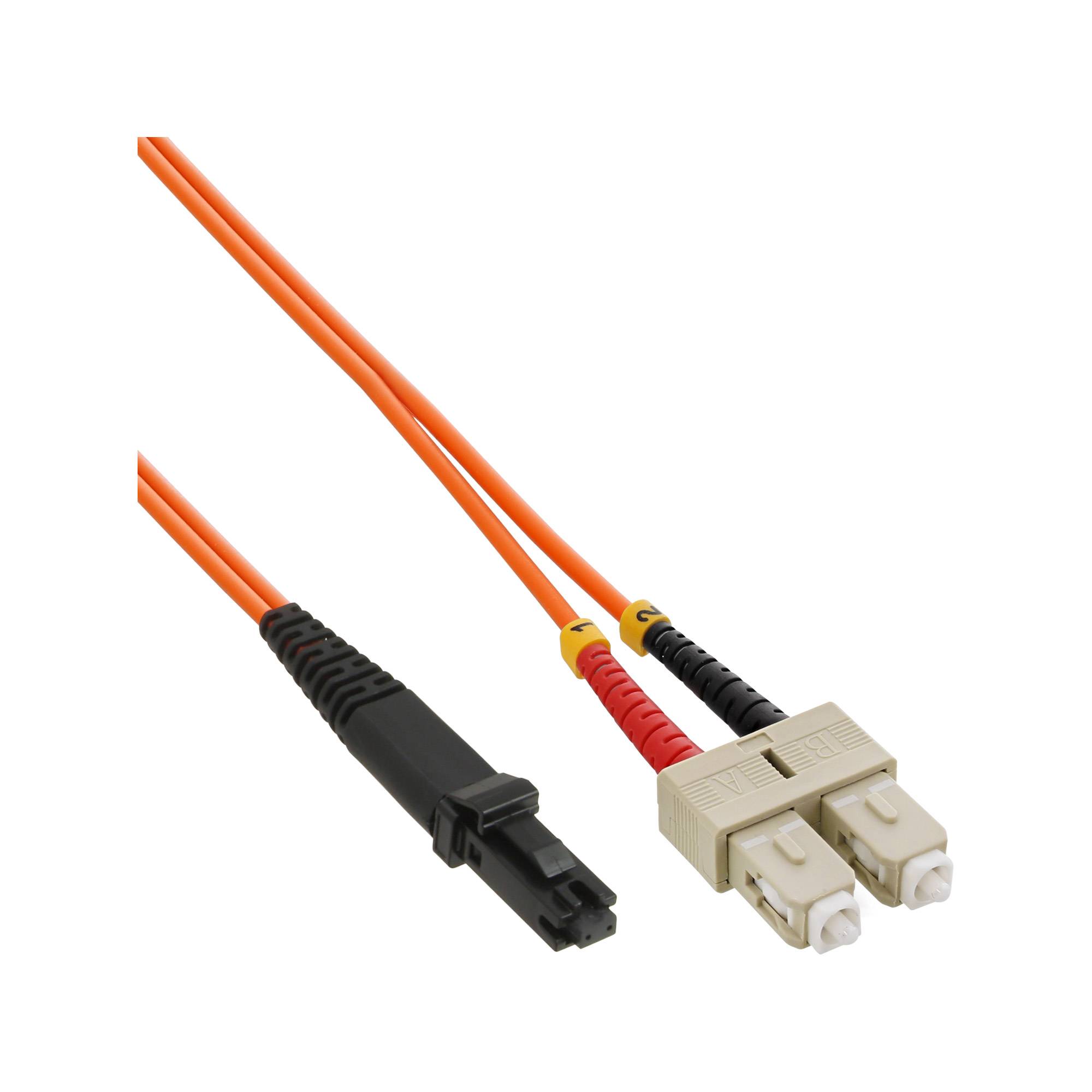 Glasfaserkabel mit zwei weißen Steckerverbindern und einem schwarzen Stecker, dargestellt auf weißem Hintergrund.
