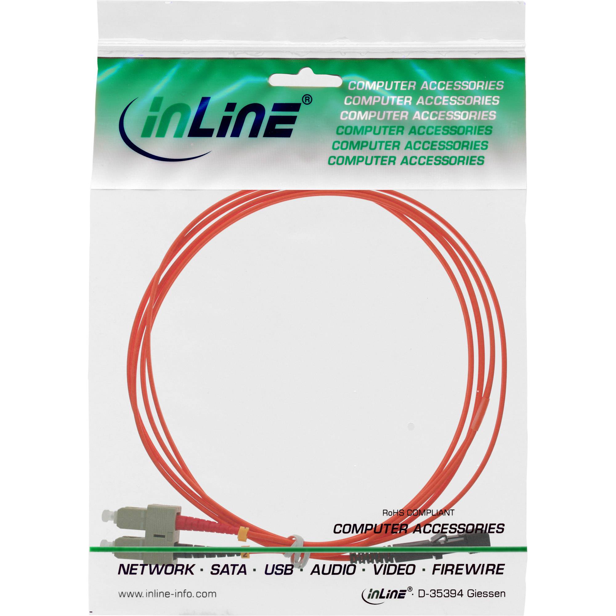 Verpacktes InLine-Computerzubehör: Ein rotes Kabel in einer Schleife auf weißem Hintergrund, gekennzeichnet für Netzwerk, SATA, USB, Audio, Video und FireWire.