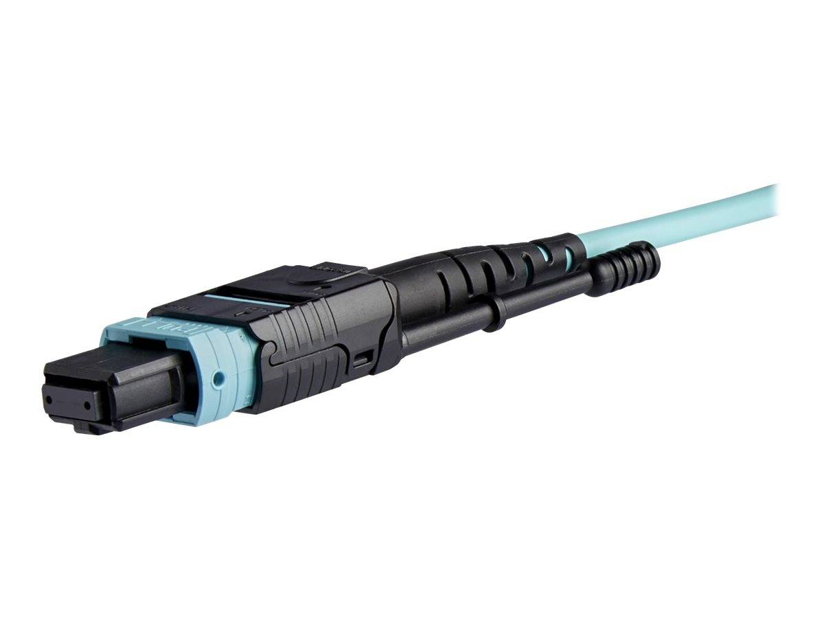 Nahaufnahme eines Glasfaserkabelsteckers mit einem schwarzen und hellblauen Stecker, der an einem durchscheinenden blauen Kabel auf weißem Hintergrund angebracht ist.