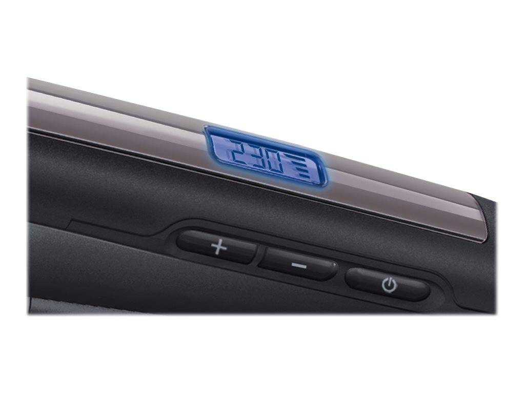 Nahaufnahme eines Gerätebedienfelds mit einem blauen digitalen Display, das 23.0 anzeigt, sowie Plus-, Minus- und Netzschalter.