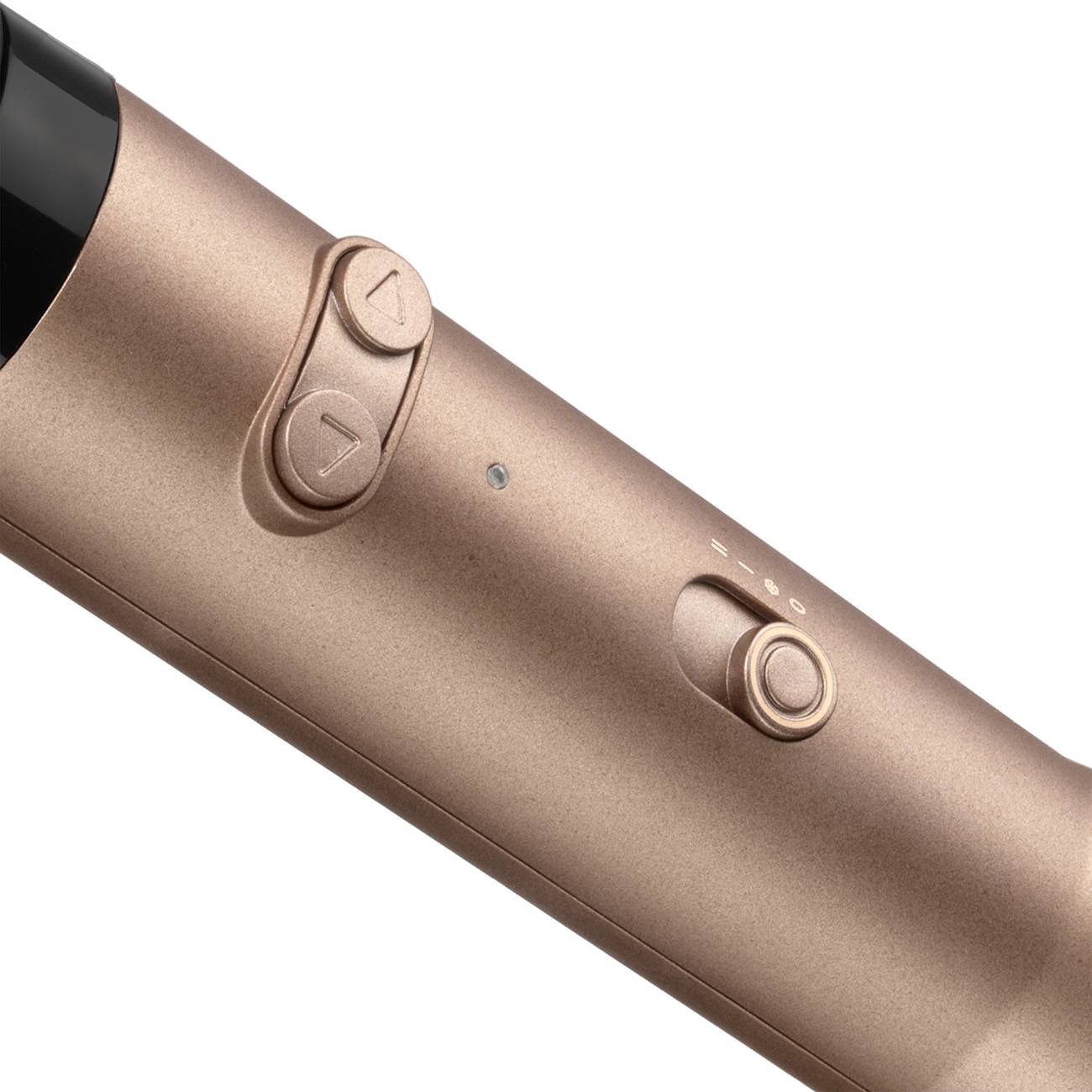 Nahaufnahme eines rosegoldfarbenen Haarglättungs-Werkzeuggriffs mit Auf-/Ab-Tasten und einem Stromschalter auf weißem Hintergrund.