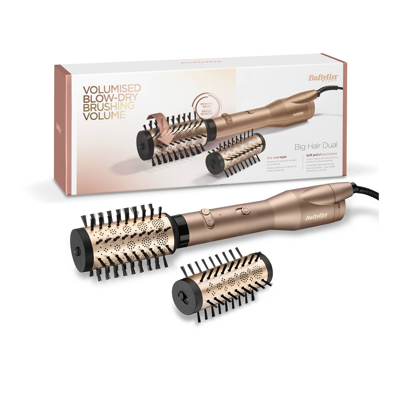 BaByliss Big Hair Dual rotierender Heißluftfön mit Verpackung, ausgestattet mit zwei Bürstenaufsätzen für voluminöses Föhnen.