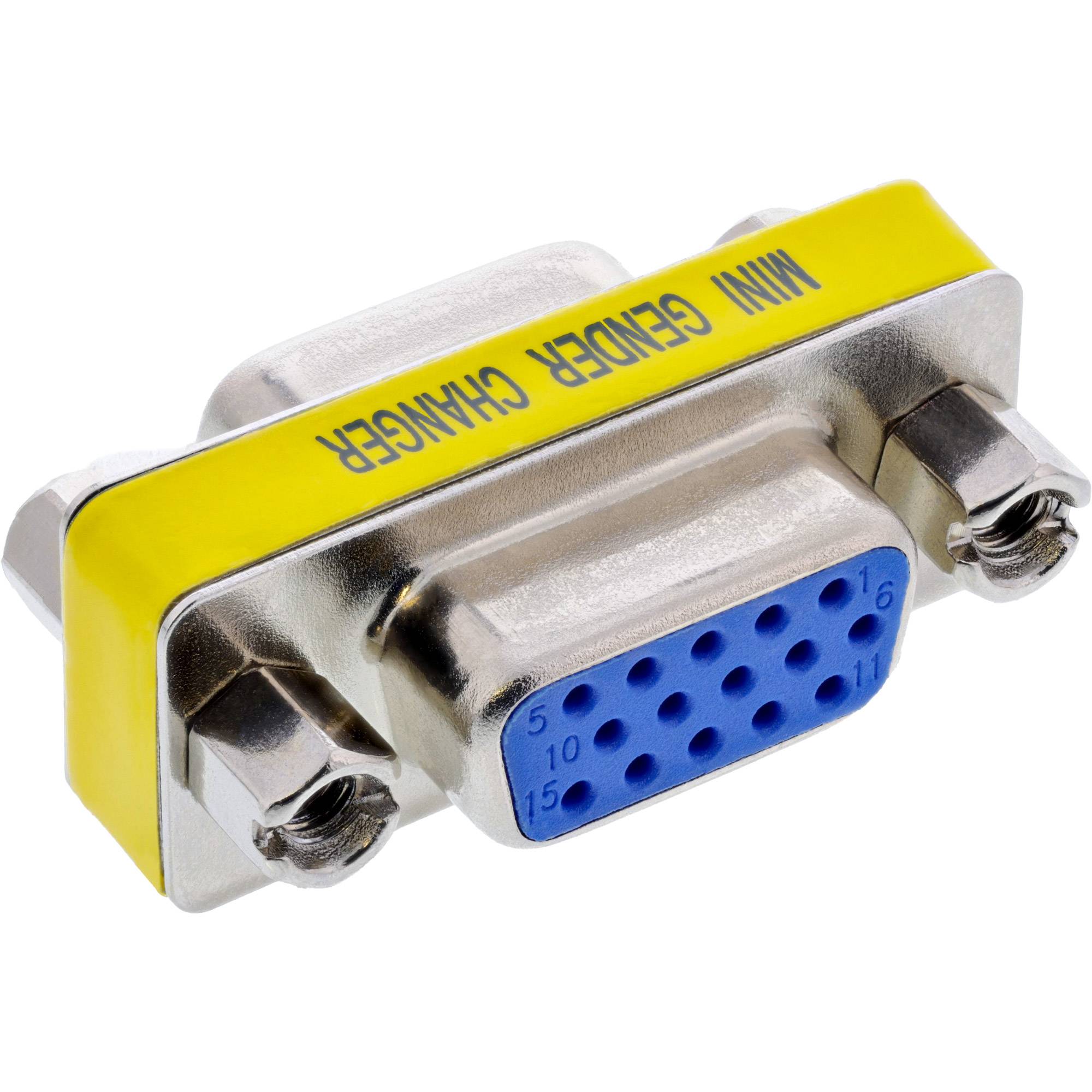 Adapter zum Geschlechterwechsel mit gelbem Etikett und blauem 15-poligem weiblichem Stecker, dargestellt auf weißem Hintergrund.