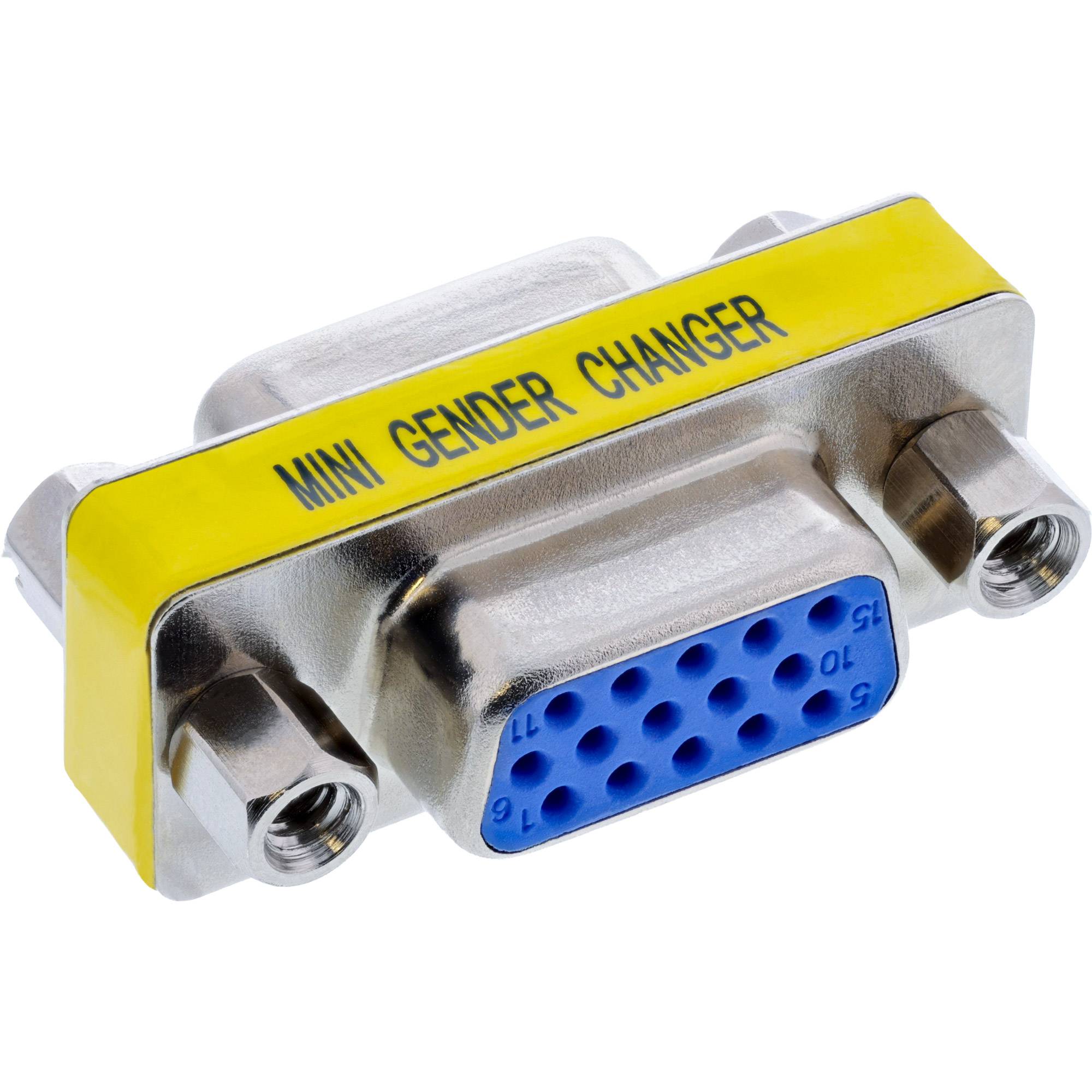 Mini-Geschlechtswechsel-Adapter mit gelb gekennzeichneter Oberseite und blauem 15-Pin-Stecker, auf weißem Hintergrund dargestellt.