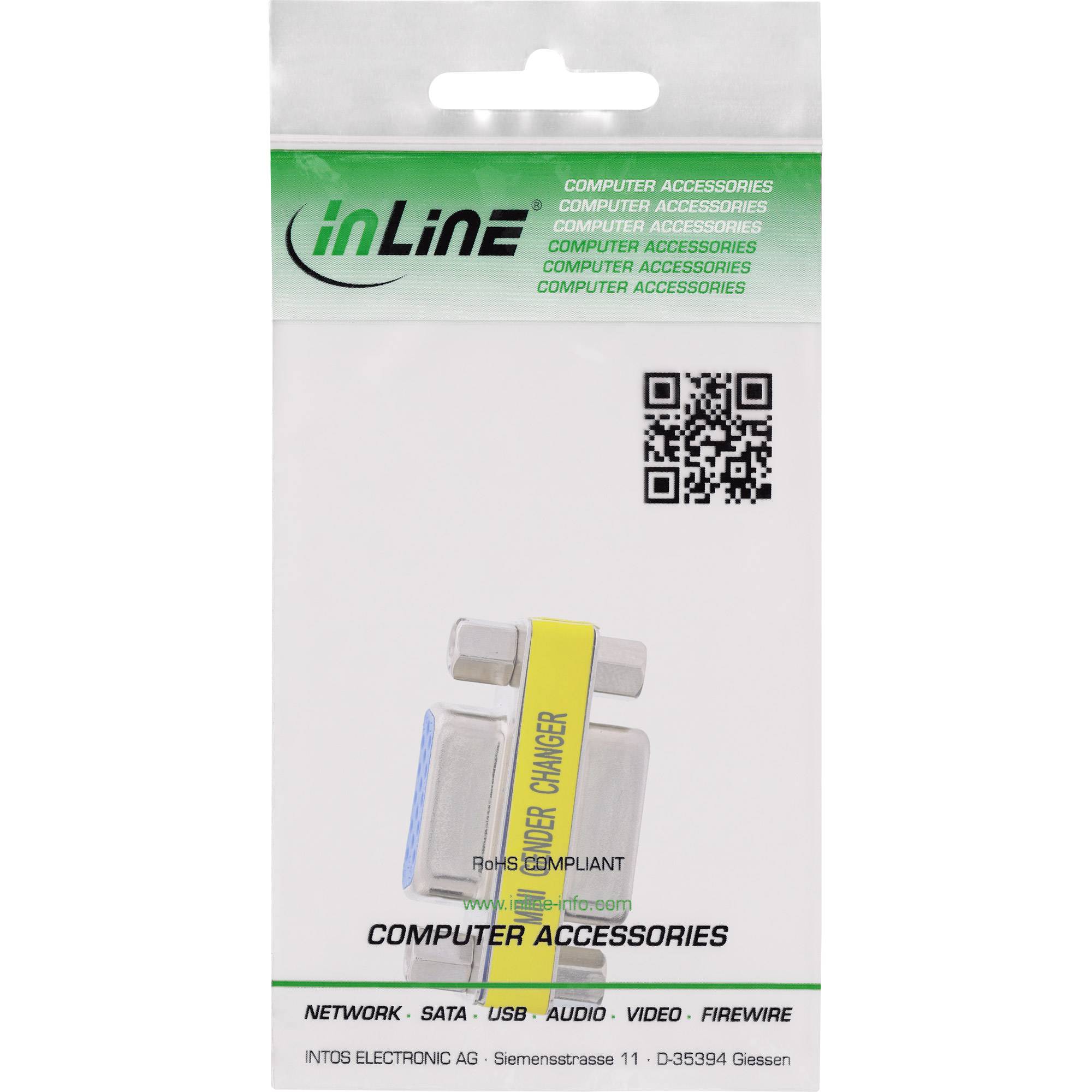 Paket für inLine Computerzubehör, zeigt einen kleinen USB-Audio-/Video-/Firewire-Adapter mit QR-Code und Produktmarkenname.