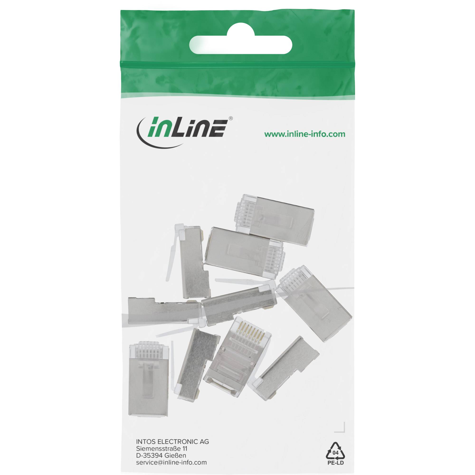 Paket von inLine Netzwerk-Steckverbindern/Adaptern auf weißem Hintergrund, mit grüner oberer Kopfzeile und Produktbild mehrerer transparenter modularer Steckverbinder-Komponenten.