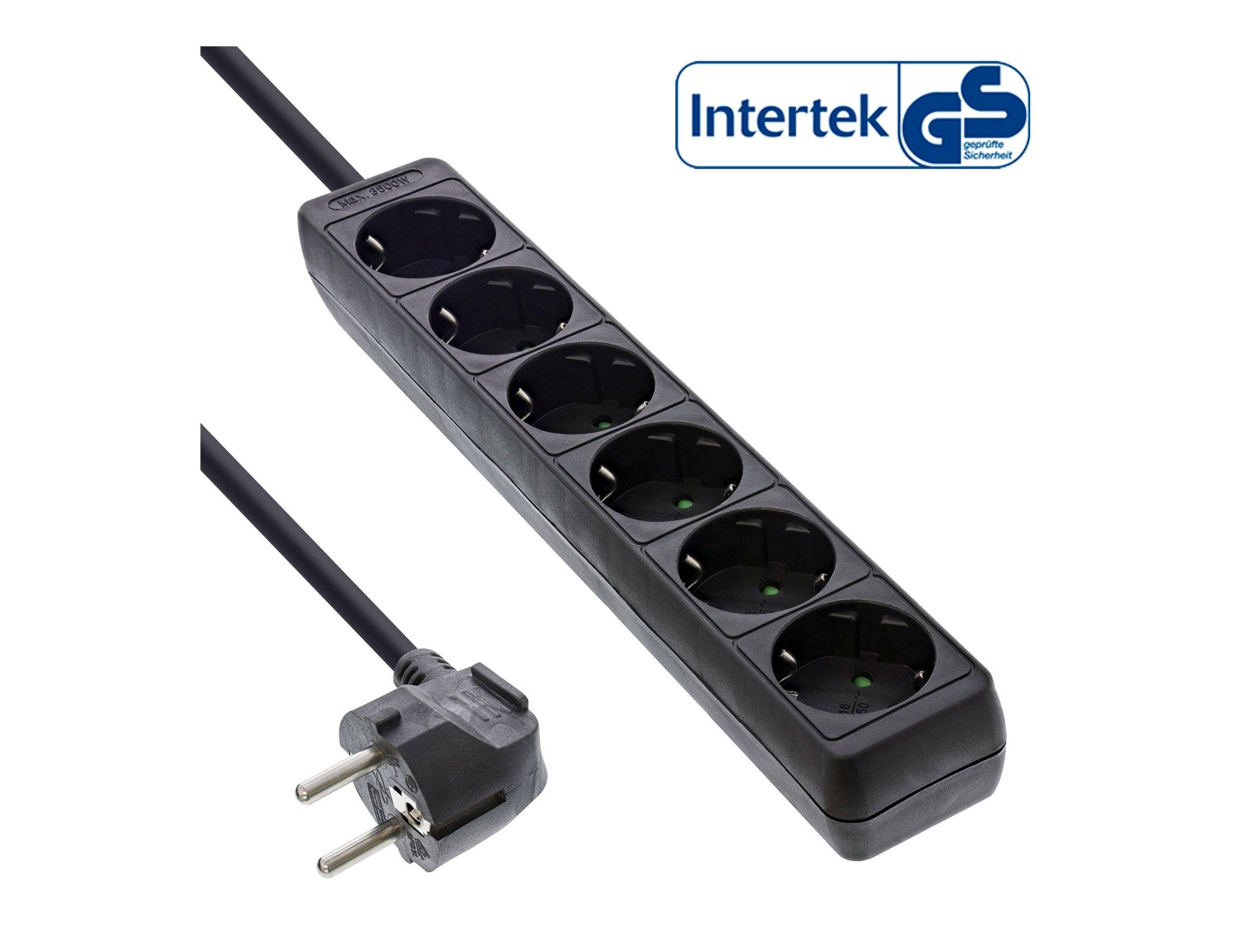 Schwarze Sechsfach-Steckerleiste mit angebrachtem europäischem Stecker, gezeigt mit Intertek GS-Zertifizierungslogo.