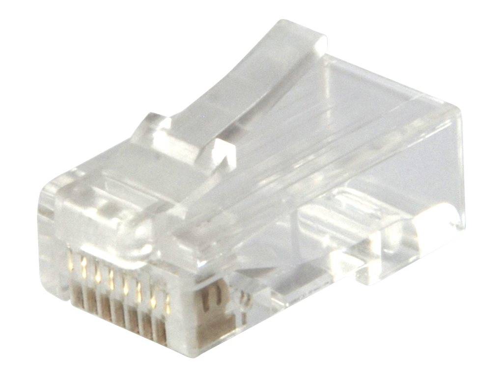 Nahaufnahme eines transparenten RJ45-Ethernet-Steckverbinders mit vergoldeten Kontaktstiften.
