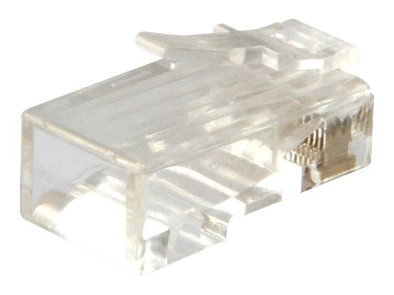 Nahaufnahme eines durchsichtigen Kunststoff-Ethernet-Kabelsteckers mit sichtbaren vergoldeten Kontakten auf weißem Hintergrund.