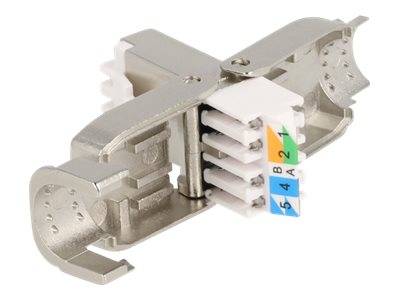 Metall-RJ45-Ethernet-Kabelstecker mit freiliegenden Verdrahtungsklemmen und nummerierten farbcodierten Beschriftungen.