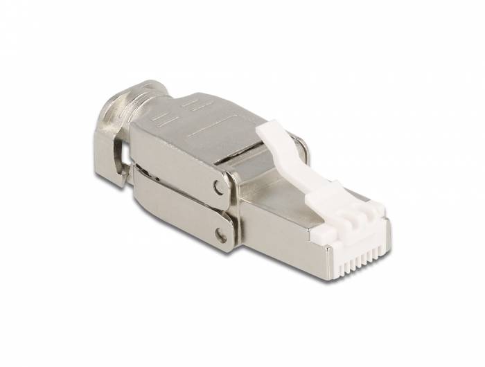 Ein Metall-Ethernet-Kabelstecker mit einer weißen Kunststofflasche, dargestellt auf weißem Hintergrund.