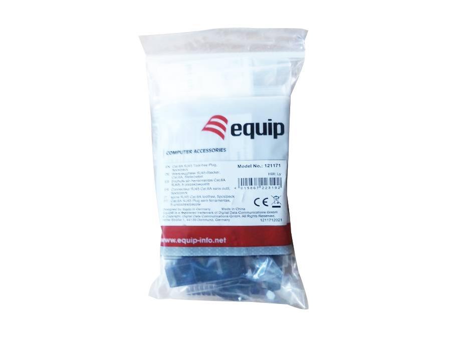 Klare Plastiktüte mit Computer-Zubehör von Equip mit Produktetikett und rotem Website-Band, enthält ein aufgerolltes Kabel oder Teile.